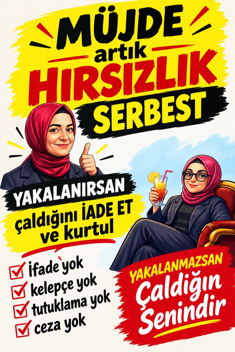 CerenBalparmak's tweet photo. MÜJDE 🙏 AKP'li Fatma Betül Sayan Kaya sayesinde henüz kanunlaşmamış yeni bir yasamız var.

artık HIRSIZLIK SERBEST

YAKALANIRSAN
çaldığını İADE ET ve kurtul
İfade yok
kelepçe yok
tutuklama Yok
ceza yok

YAKALANMAZSAN
çaldığın senindir
Keyfini çıkar https://t.co/qpvcYSqREg