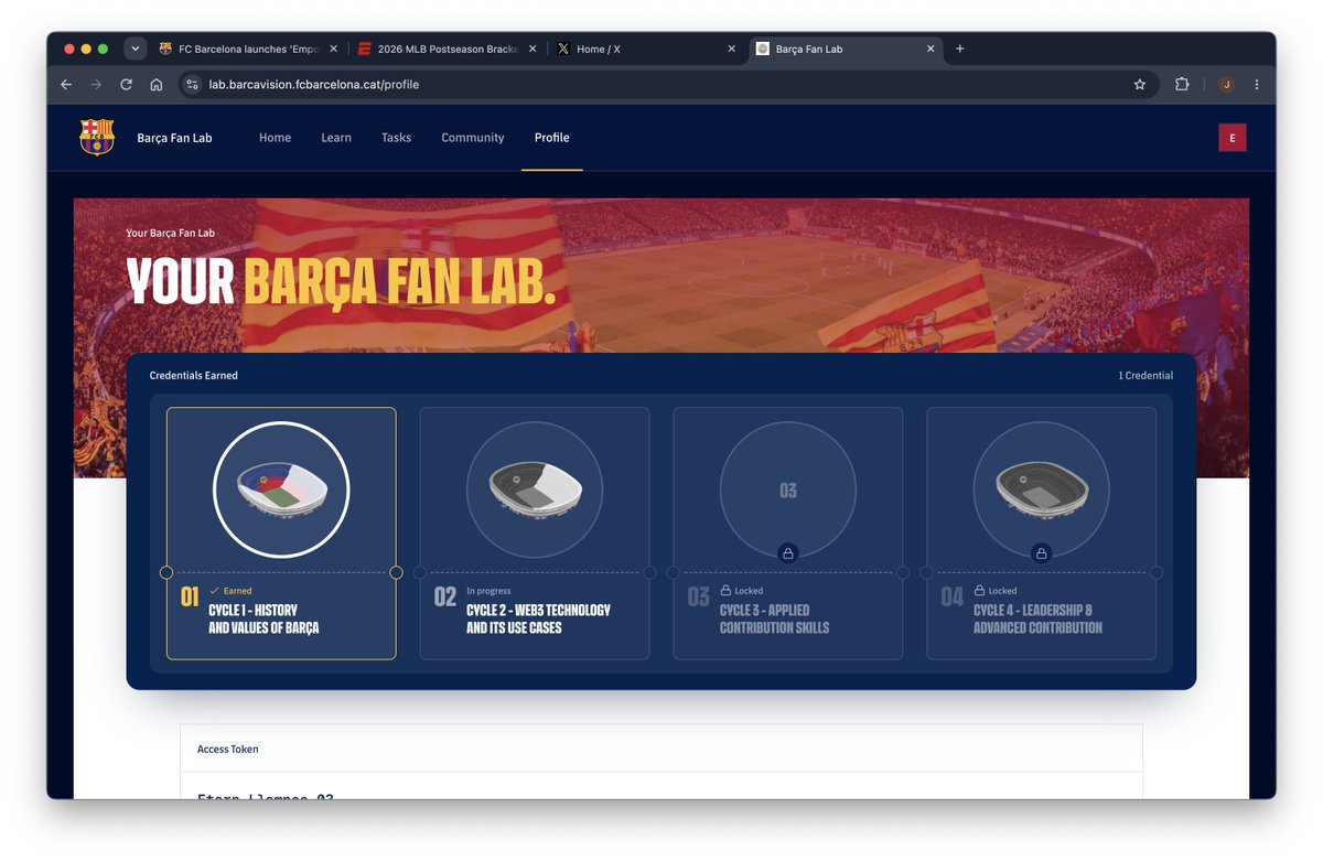 andamio_teams's tweet photo. Fans are earning credentials. In the first Learning Cycle, we learned about the history of Barça and how it leads to Cardano. But the first task was easy: it was just a multiple-choice quiz.

Now the real work starts: what impact will we make on the world?

Start your journey at https://t.co/IE90g5stsS