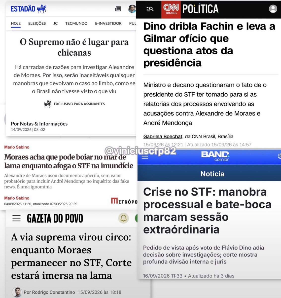 viniciuscfp82's tweet photo. REVOLTANTE! Vivemos num país em que, nas manchetes, a palavra Supremo vem acompanhada de chicana, drible, lama, manobra e circo. E o pior: os magistrados seguem intocáveis. https://t.co/TVicuIQ2r8