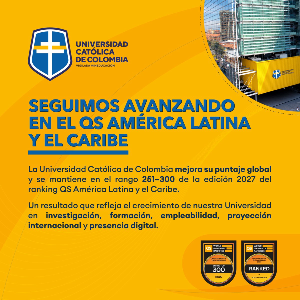 UCatolicaCo's tweet photo. 🌎 La Universidad Católica de Colombia mejora su puntaje global en el QS América Latina y el Caribe 2027.

📊 Conoce los indicadores que registraron avances y todos los detalles de este resultado en https://t.co/66jklol1j1

#QS #UCatólicaCo https://t.co/6dTagFUOpf
