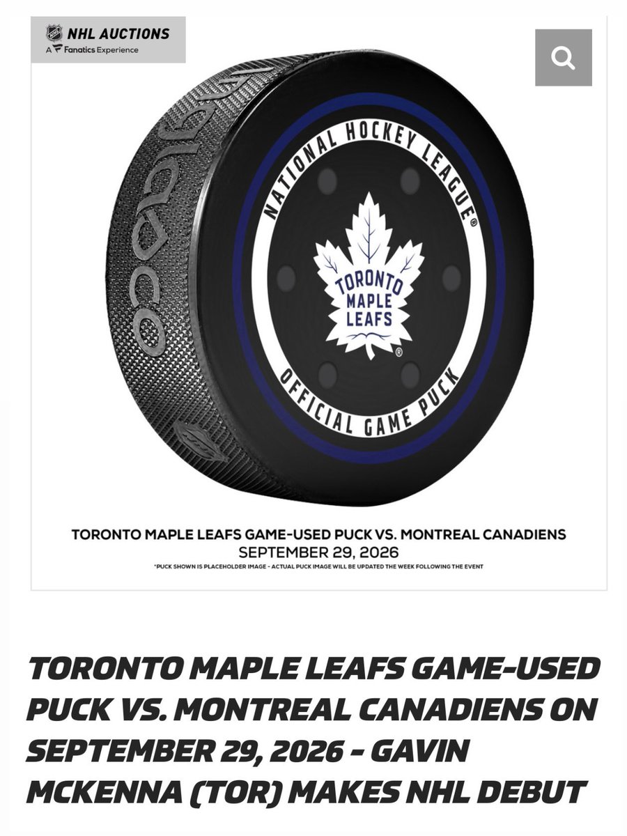 FansAuthentic's tweet photo. A new era in Toronto is here 🍁

#FanaticsExclusive Gavin McKenna @NHL Debut signed memorabilia is now live &amp; bid on last night’s game-used debut puck on NHL Auctions! 🏒 >> https://t.co/F6UprY7Y28 https://t.co/y6Cjq07D1q
