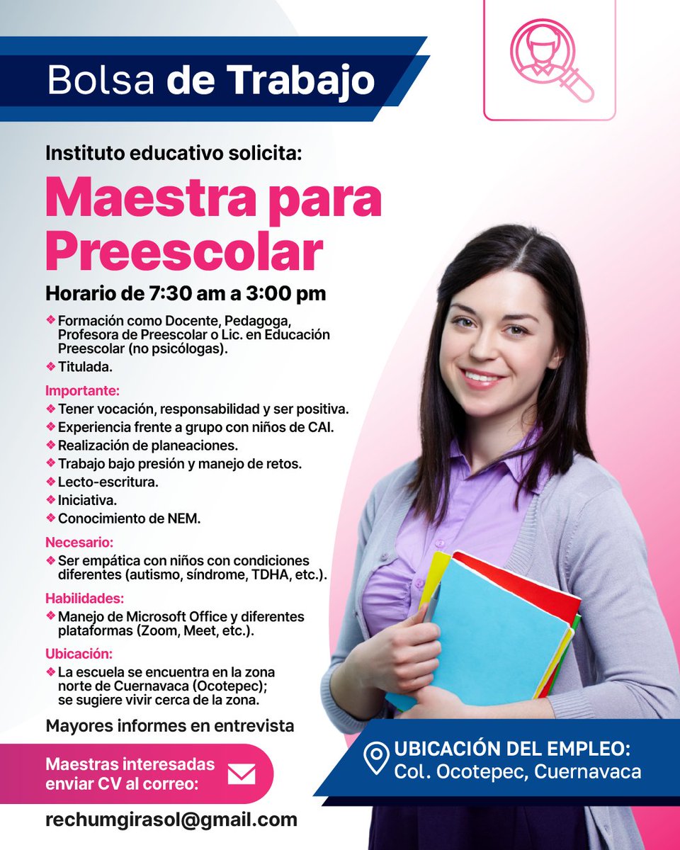 DiariodeMorelos's tweet photo. 🍎 ¿Eres maestra de preescolar titulada y te apasiona la enseñanza? Esta vacante en Ocotepec es para ti. 📧 Envía tu CV a rechumgirasol@gmail.com
#Empleo #Trabajo #BolsaDeTrabajo #BúsquedaDeEmpleo #OfertasDeTrabajo #Vacantes #Contratación #Reclutamiento #OportunidadesDeTrabajo #Cuernavaca #Morelos #EmpleosEnCuernavaca