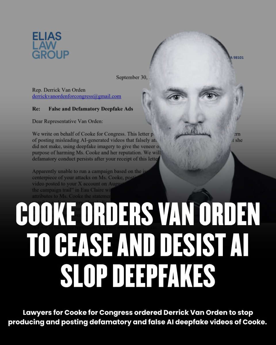 RebeccaforWI's tweet photo. 🚨 NEW: I've sent a cease and desist to Derrick Van Orden over the AI slop deepfakes he continues to post of me.

He's been using AI to put words in my mouth because he has nothing else to run on. These defamatory, misleading videos undermine our democratic process and are the exact kind of mudslinging voters are tired of.

West Central Wisconsin voters deserve better.