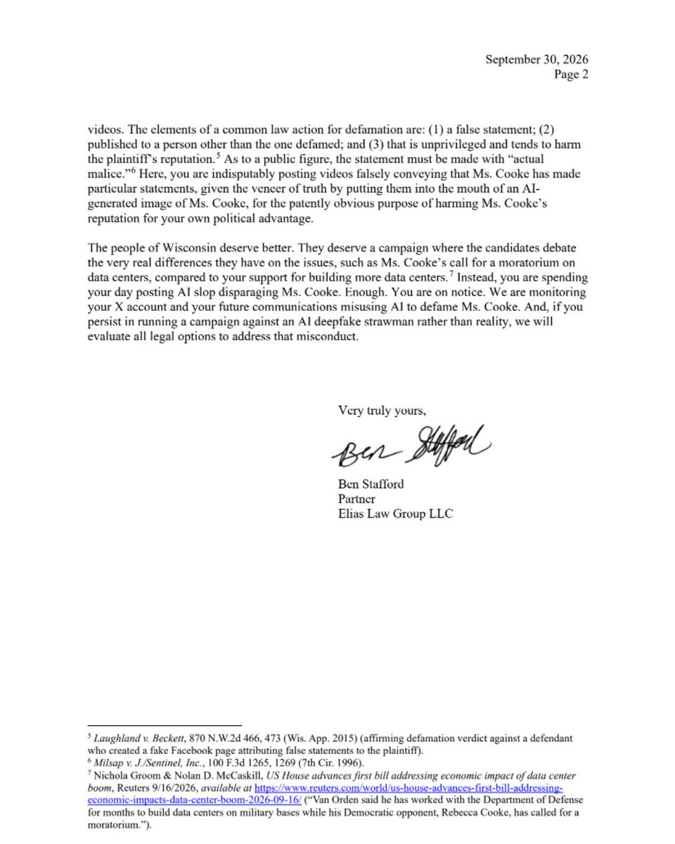 RebeccaforWI's tweet photo. 🚨 NEW: I've sent a cease and desist to Derrick Van Orden over the AI slop deepfakes he continues to post of me.

He's been using AI to put words in my mouth because he has nothing else to run on. These defamatory, misleading videos undermine our democratic process and are the exact kind of mudslinging voters are tired of.

West Central Wisconsin voters deserve better.