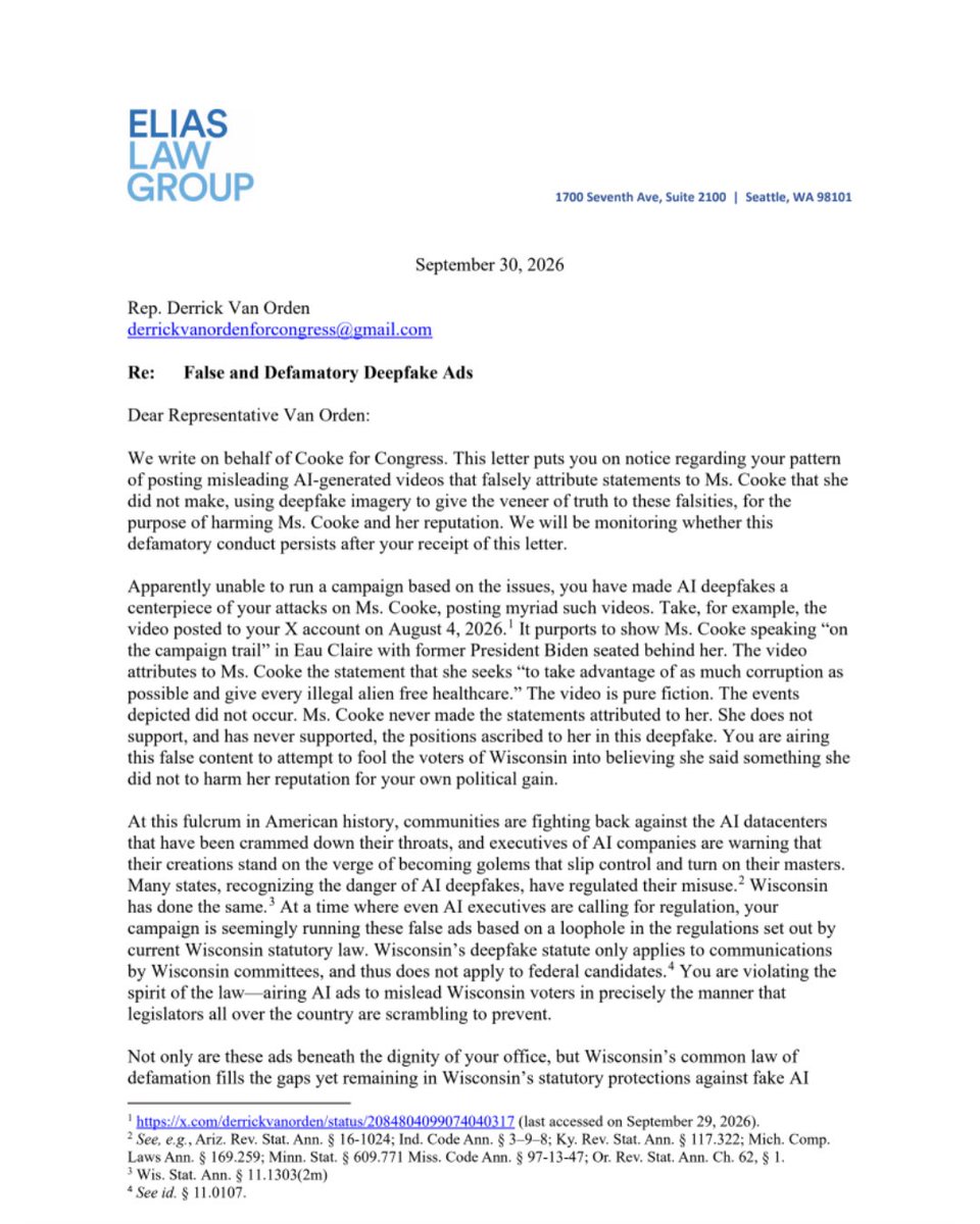 RebeccaforWI's tweet photo. 🚨 NEW: I've sent a cease and desist to Derrick Van Orden over the AI slop deepfakes he continues to post of me.

He's been using AI to put words in my mouth because he has nothing else to run on. These defamatory, misleading videos undermine our democratic process and are the exact kind of mudslinging voters are tired of.

West Central Wisconsin voters deserve better.
