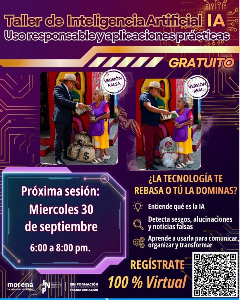 infpmorena's tweet photo. 🤖 TALLER BÁSICO: Inteligencia Artificial. Uso responsable y aplicaciones prácticas.

En este taller 100% virtual y gratuito.
📅 Próxima sesión: Miércoles 30 de septiembre
🕕 Horario: 6:00 a 8:00 pm
💻 Modalidad: 100% Virtual

 ¡No te quedes fuera!

👉 REGÍSTRATE : https://t.co/LjZulYvZ90