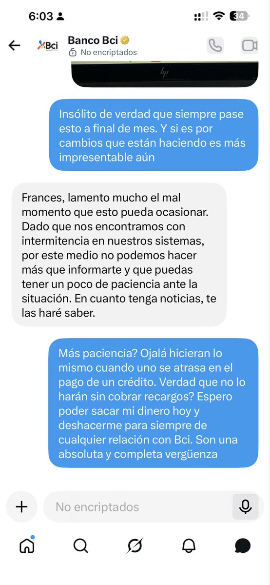 FrancesEnChile's tweet photo. @BancoBci me parece que pedir paciencia un día 30 es vergonzoso. Si están haciendo cambios, no es como absurdo hacerlo en el día donde más saturados están los recursos del banco y la gente más lo necesita? @cmfchile_ https://t.co/woNQhv2oCp