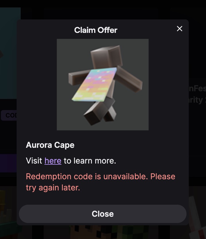 jeffpees's tweet photo. I love getting my community excited for Minecraft drops, but it’s frustrating when viewers put in the time and can’t claim them. The Aurora Cape JUST dropped yesterday. 

@Twitch @Minecraft, can we get an update? We want these collabs to succeed! https://t.co/UML1jhc5xv