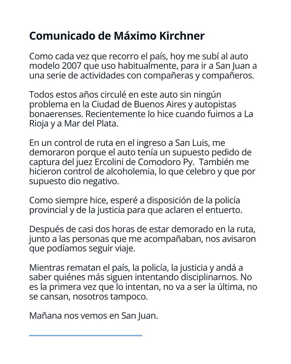 lucampora's tweet photo. Comunicado de Máximo Kirchner 👇🏼 https://t.co/GenFN2p8lY