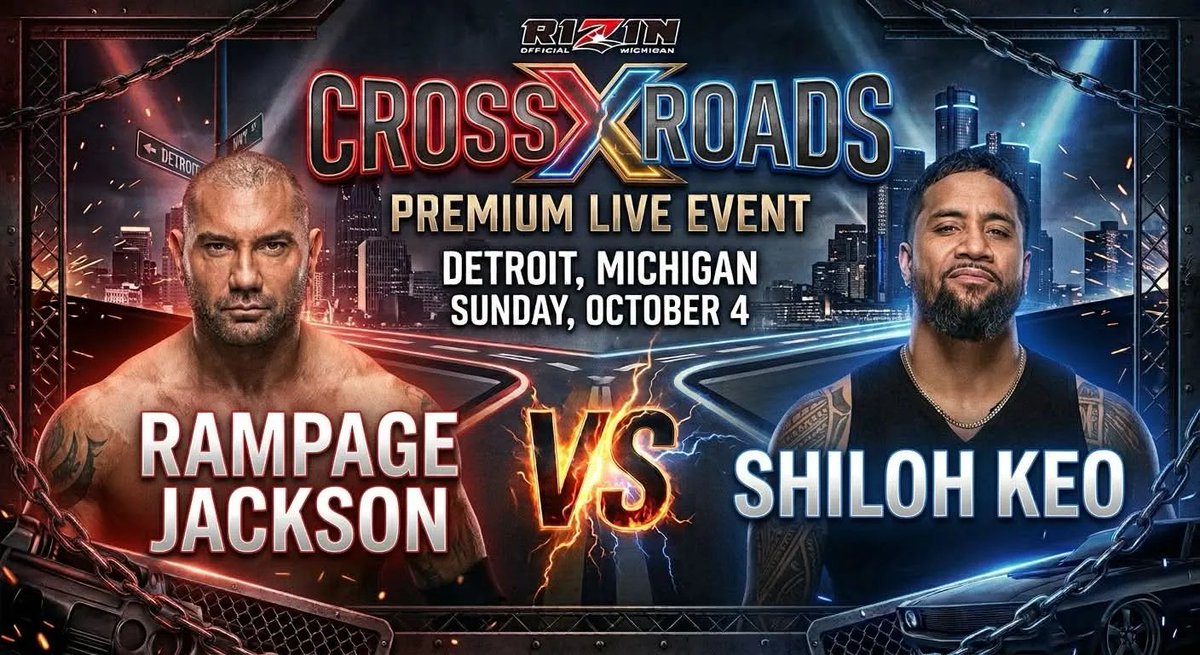 RIZIN_WC2's tweet photo. OFFICIAL:

This Sunday at Crossroads, the Animal Rampage Jackson makes his RIZIN in-ring debut as he takes on Shiloh Keo fighting on behalf of the Bloodline. https://t.co/LccsHi5GBH