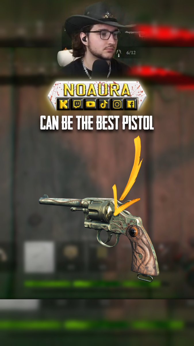 A YouTube-style thumbnail shows a man in a cowboy hat at the top, with text reading 'NOAURA' and 'CAN BE THE BEST PISTOL' above an image of a weathered revolver.