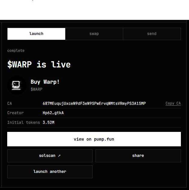CoolCatCapitalx's tweet photo. @JustWarpIt Update: The test token “Buy Warp” that I launched with Bitcoin straight from Coinbase using @JustWarpIt just went live on Pumpfun.

https://t.co/1umLjsUbu9 https://t.co/GT7es1PmAw