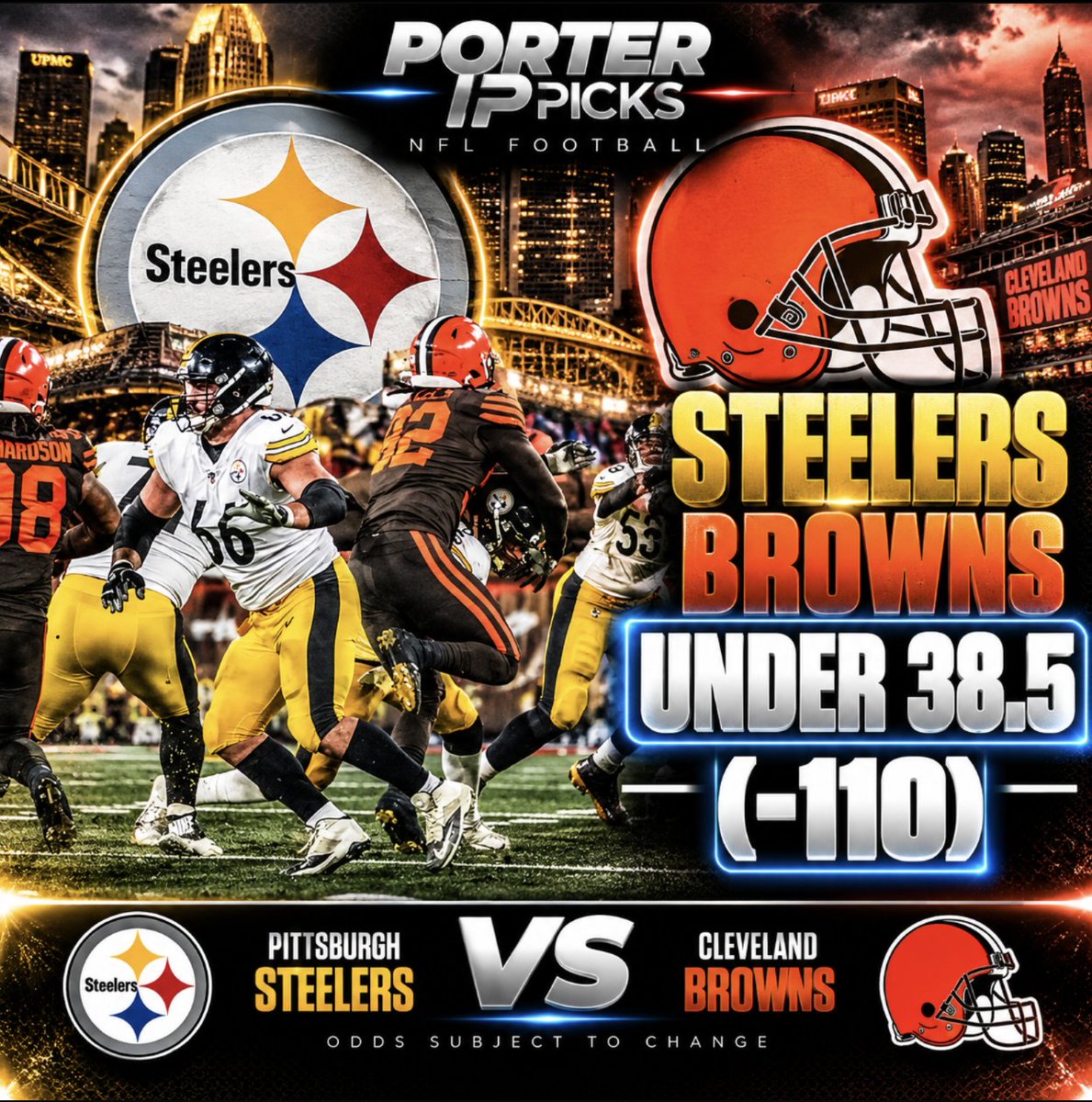 Porter_Picks's tweet photo. THURSDAY NIGHT PRIMETIME NFL SELECTION 10/1/26

9-1 (90%) (+31.70-UNITS) on #NFLPRIMETIME this season!✅

STEELERS/BROWNS 

UNDER 38.5 (-110) 

5:15pm PST

Both teams come in with a 2-1 record and DEFENSE should be the key to who goes 3-1 to start the season! The Steelers are allowing 20 ppg so far this season and the Browns are allowing 23.6 ppg, however, this TOTAL comes in set less than 40. Why? Because of the recency bias of great defense in this matchup plus the fact REFEREE Clete Blakeman and his crew rank #1 so far this season in Offensive Holding and False Start calls which have resulted in lower scoring affairs! Which means, that slows down offensive big plays down the field. Most importantly, REFEREE Clete Blakeman and his crew are 3-0 to the UNDER through three weeks so far this season! 👀 

Digging deeper into this matchup, this is an AFC NORTH Divisional game in which UNDER has CASHED in four of the last five meetings between the Steelers & Browns. This game is also expected to have some very heavy winds of 12-15 mph and potentially some rain 🌧️ which favors defense and running the football! 

🏈🏈🏈🏈

ENJOY the GAME and let’s look to potentially CASH yet another NFL PRIMETIME selection! 🫵🏽