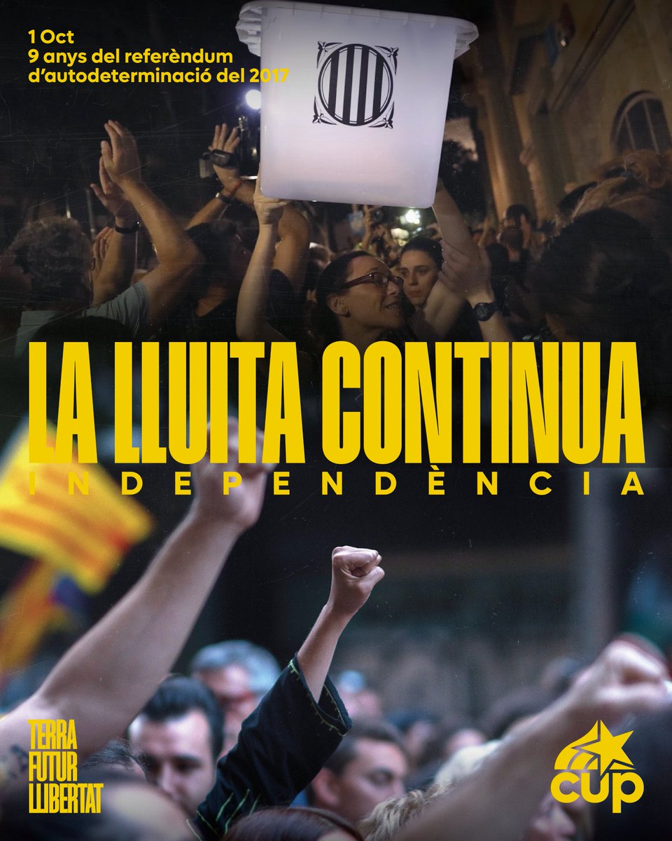 cupnacional's tweet photo. 1 d’octubre: nou anys d’una gran victòria popular

L'1 d'octubre del 2017 va ser un exercici massiu d’autoorganització, mobilització i desobediència que va transformar per sempre la política catalana

[🧵 FIL] https://t.co/2DNGOWPfc1