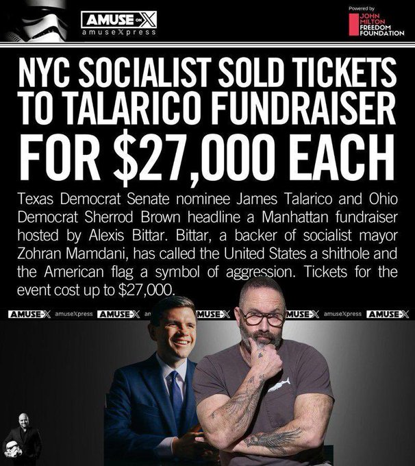 A news graphic from AmuseX claiming "NYC SOCIALIST SOLD TICKETS TO TALARICO FUNDRAISER FOR $27,000 EACH," featuring a photo of James Talarico and Alexis Bittar, with text describing Bittar as a backer of socialist mayor Zohran Mamdani.