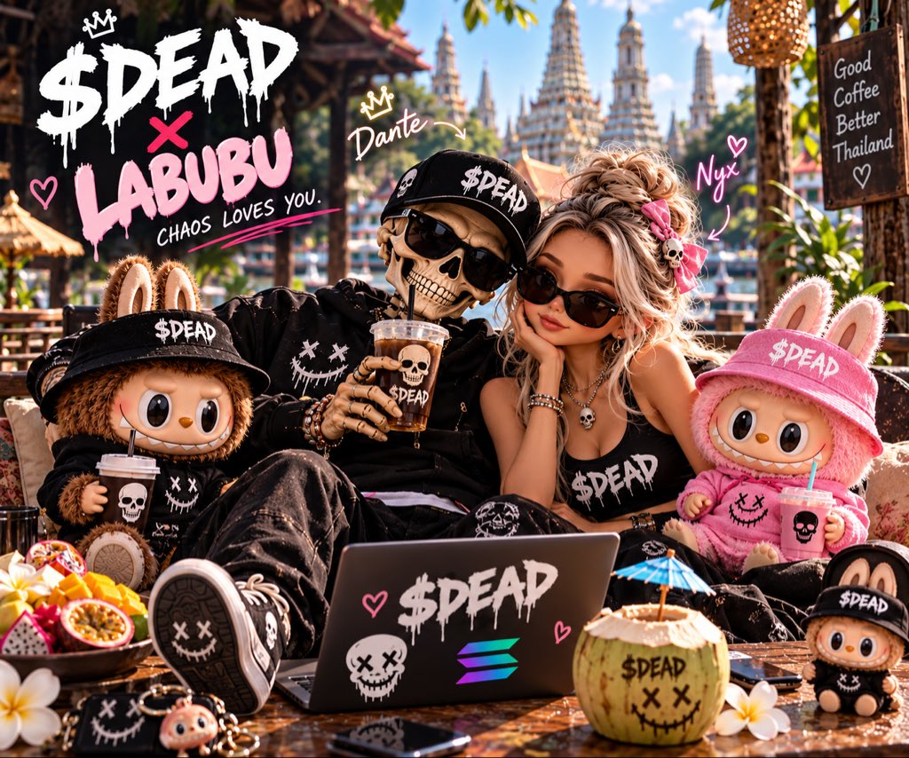 DeadInternet26's tweet photo. @labubufans 

$DEAD × LABUBU ☠️🐰

Nobody asked for this collab.
That’s exactly why it had to happen.

Dante. Nyx. Labubu.
One universe. Zero sanity.

CHAOS LOVES YOU. 🖤

$DEAD #DEAD #Labubu #Solana #CryptoMemes https://t.co/weHpcysPQD