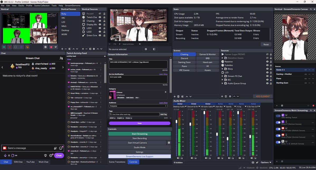 RickyVT_'s tweet photo. VTubers show me your OBS, is it as chaotic as mine? 😭 https://t.co/00IxQht5fp
