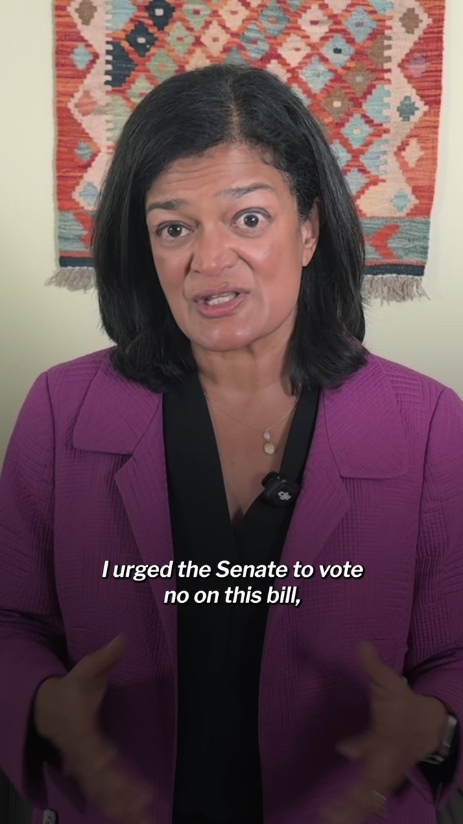 A woman with dark hair wearing a purple jacket speaks directly to the camera, with a colorful patterned tapestry behind her and the subtitle 'I urged the Senate to vote no on this bill,'.
