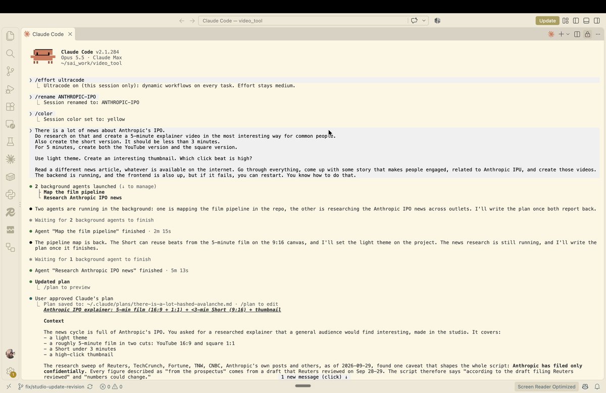 PrakashChandraS's tweet photo. One prompt. About 2 to 2 and a half hours. 3 finished videos on Anthropic's IPO: a 5:26 YouTube explainer, a square version and a 2:56 Short.

Here is the exact prompt I gave our video tool, typos and all:

"There is a lot of news about Anthropic's IPO.
Do research on that and create a 5-minute explainer video in the most interesting way for common people.
Also create the short version. It should be less than 3 minutes.
For 5 minutes, create both the YouTube version and the square version.

Use light theme. Create an interesting thumbnail. Which click beat is high?

Read a different news article, whatever is available on the internet. Go through everything, come up with some story that makes people engaged, related to Anthropic IPU, and create those videos.
The backend is running, and the frontend is also up, but if it fails, you can restart. You know how to do that."

What happened next, from the tool's own log:
- 9 minutes of research and fact-checking every claim
- 10 minutes for the script and voiceover
- 18 minutes checking the diagrams
- 55 minutes for 2 renders
- 16 minutes for 2 reviews of the finished videos
- 3 minutes for thumbnails

Why 2 renders? Its first review caught 2 misses. The Short did not say "not financial advice" out loud. The warning that the figures come from a draft filing only came at the very end. It fixed both itself.

The next morning, 9 posts went live on 5 platforms within an hour. I approved each one.

It runs on Claude Code. Yes, Claude explained Anthropic's IPO.

I think it fits small newsrooms and YouTube news creators. Two options. Send me a prompt and we make the video. Or license the tool and run it yourself. DM me.

The screenshots are raw. The video is in the reply.