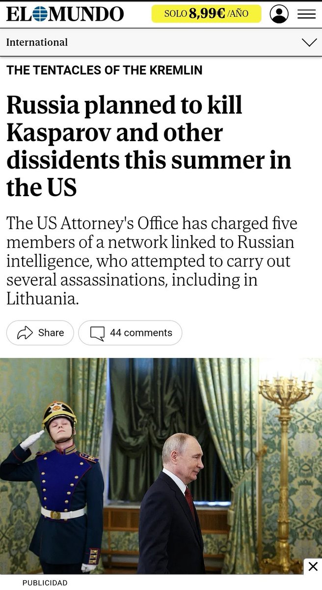 yasminalombaert's tweet photo. putin’s desperate plot to silence Garry Kasparov on American soil. 

putin’s regime has once again proven that it operates less like a legitimate government and more like a transnational mafia syndicate. 

According to an explosive investigative report by the Spanish newspaper El Mundo, the Kremlin’s intelligence hit squads reached all the way into the United States in a cowardly attempt to murder legendary chess champion and fearless pro-democracy leader Garry Kasparov.

For years, @kasparov63 has used his massive global platform to speak truth to power, exposing the corruption, brutality, and lawlessness of putin’s dictatorship. 

Unable to defeat his ideas with arguments, the Kremlin resorted to its default language: violence and terror.

U.S. authorities had to step in this summer to directly warn Garry Kasparov that he was a top target for Kremlin assassins, forcing official security measures to shield his life. This wasn't just a vague threat. Court documents and investigative reports reveal a chilling network of operatives hunting anti-putin voices across borders.

While putin’s thugs tried to outsource their dirty work, offering pocket change to mercenaries to stalk targets in Washington, the plot exposes the utter panic inside the Kremlin. 

Dictators like putin are terrified of brilliant, uncompromised voices like Kasparov who remind the world that a free, democratic Russia is possible.

This assassination plot shatters the illusion that critics are safe once they leave Russia.

Yet, for all their dark money, surveillance networks, and hired thugs, the Kremlin's desperation only reveals their weakness. They can threaten, stalk, and plot, but they will never silence Garry Kasparov, nor the unstoppable demand for freedom.