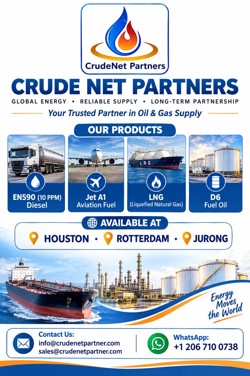PakhomovJ's tweet photo. Global energy supply at your fingertips. 🌍 We deliver EN590 Diesel, Jet A1, LNG, and D6 Fuel Oil from Houston, Rotterdam, and Jurong. Secure your supply chain with Crude Net Partners. 📩 sales@crudenetpartner.com | 📱 +1 206 710 0738 #OilAndGas #EnergyTrading #EN590 #LNG #JetA1 https://t.co/YEs7C8xQEq