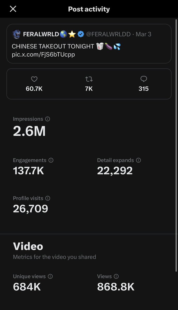 FERALWRLDD's tweet photo. 🌎 PAGE PROVEN STATS ⭐️📈
2.6M+ IMPRESSIONS
137K+ ENGAGEMENTS
26K+ PROFILE VISITS
868K+ VIDEO VIEWS

PROVEN REACH. PROVEN ENGAGEMENT. ☔️⚡️
DM FOR CURRENT PROMO OPTIONS 💦
 https://t.co/Mvuusi7w5x https://t.co/5ZrAp2sTNV