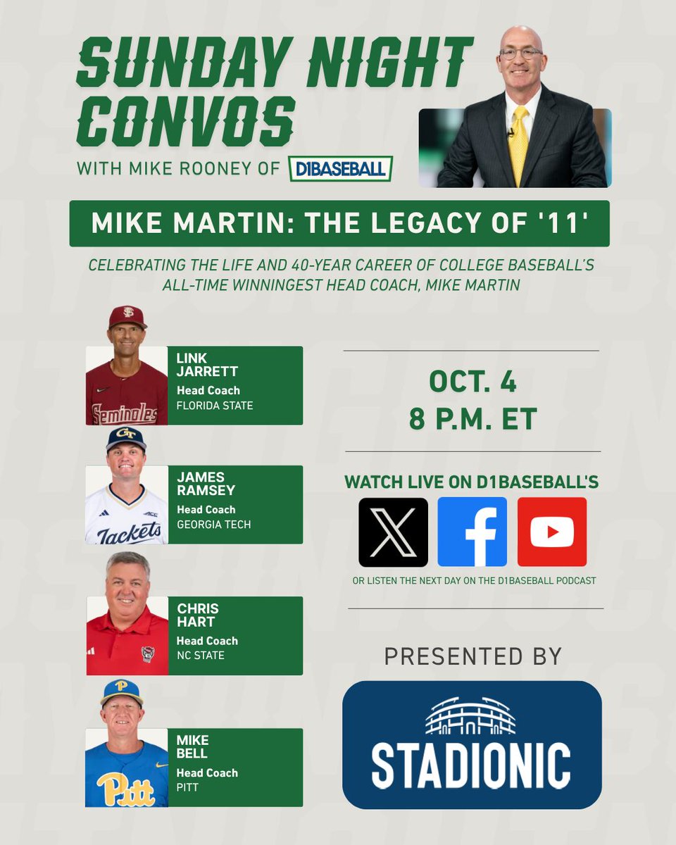 d1baseball's tweet photo. 🎙️ Sunday Night Convos
(Presented by @Stadionic)

Join @Mike_Rooney at 8 p.m. ET on Sunday as he, Link Jarrett, Chris Hart, James Ramsey and Mike Bell remember the life and impact of legendary @FSUBaseball head coach Mike Martin.

📺 https://t.co/EboEpPKSjH https://t.co/R65FzpPv15