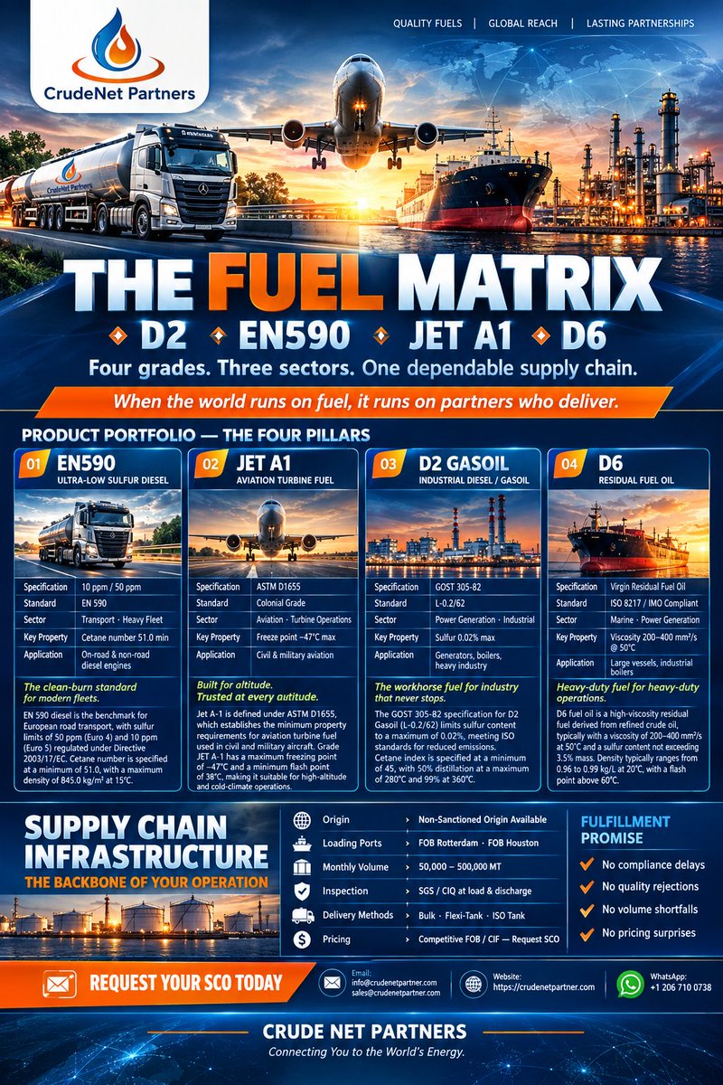 PakhomovJ's tweet photo. Global energy supply at your fingertips. 🌍 We deliver EN590 Diesel, Jet A1, LNG, and D6 Fuel Oil from Houston, Rotterdam, and Jurong. Secure your supply chain with Crude Net Partners. 📩 sales@crudenetpartner.com | 📱 +1 206 710 0738 #OilAndGas #EnergyTrading #EN590 #LNG #JetA1 https://t.co/aD4tCb630f