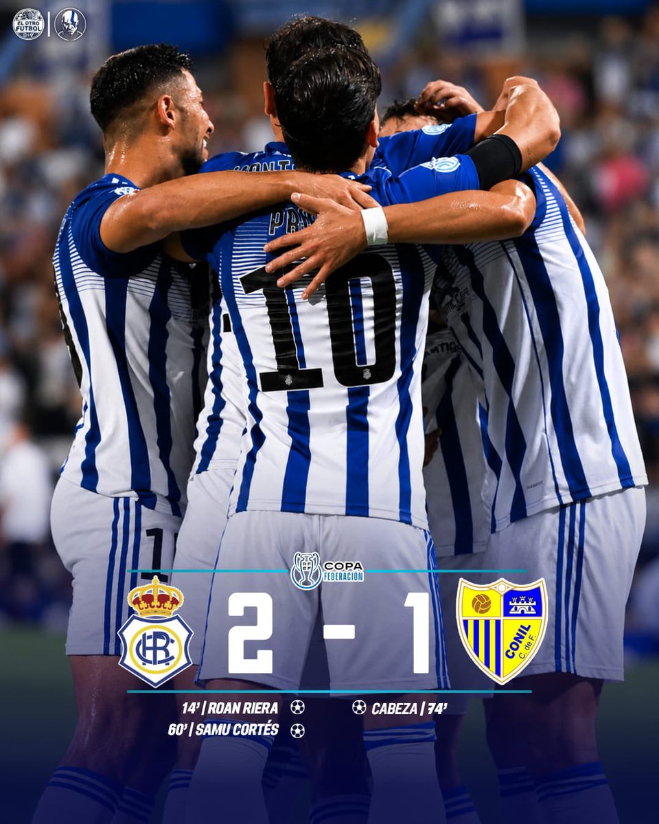 ElOtroFutbolTV's tweet photo. ¡Victoria del Decano! 💙⚪
@recreoficial 2-1 @conilcfoficial
(Copa Federación)
⚽ Roan Riera (14’)
⚽ Samu Cortés (60’)
¡Clasificados para la Copa del Rey! Los espera un rival de @LaLiga .
#Recre #Decano #CopaDelRey https://t.co/tluUjz4lZV