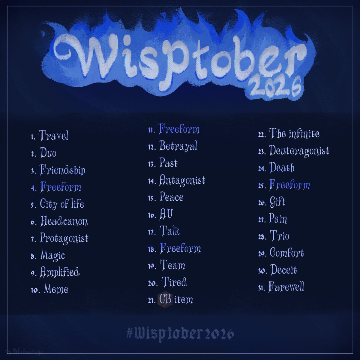 FallaxRoyo's tweet photo. Aye folks! I made a little wisptober list you see here. I'm going to participate, so I'd love if anyone joined, tee-hee
The thing is purely for fun! You can freely skip days and do whatever :D
#Wisptober2026 #Wispsmp #Wispsmpfanart https://t.co/7HhtjyRmO2