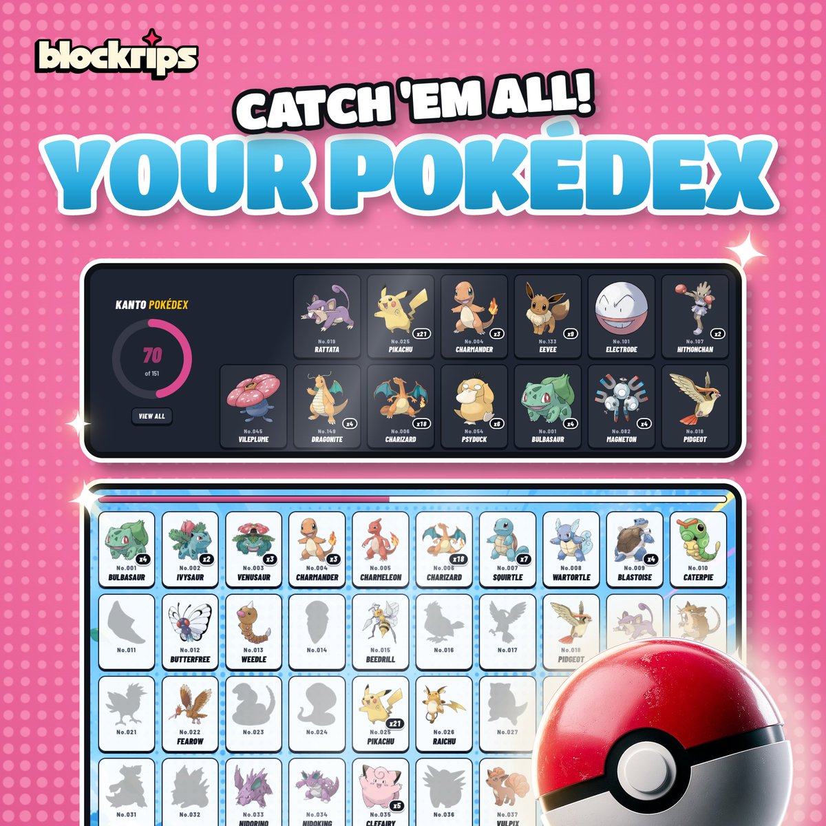 BlockRips's tweet photo. THE BLOCKRIPS POKÉDEX.

151 Kanto Pokémon. One mission: catch ’em all.

> Rip packs to catch new Pokémon
> Track your collection
> Discover which packs hold your chases
> Unlock Master Balls to help you along the way

Get rippin’... you might just want a head start on this one. https://t.co/5Ql4aNuNOs