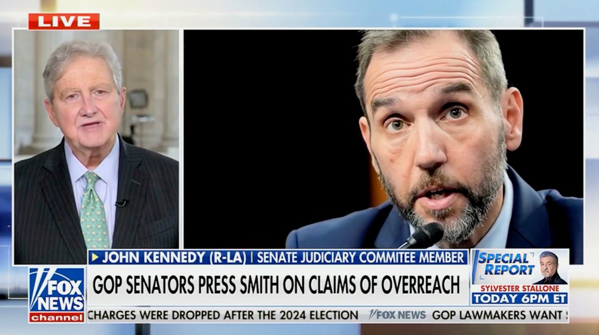 A Fox News live broadcast featuring John Kennedy (R-LA), a Senate Judiciary Committee member, with a headline reading 'GOP SENATORS PRESS SMITH ON CLAIMS OF OVERREACH' and a sidebar ad for a Special Report with Sylvester Stallone.
