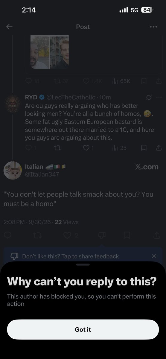 LeoTheCatholic's tweet photo. @Italian347 spends time making some very funny jokes about other people, constantly, and he can’t handle a little joke thrown into his post. I guess he took it personal for some odd reason; soft. https://t.co/HfLmSnNyrd