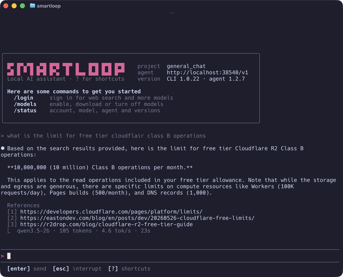 smartloop's tweet photo. The new Smartloop TUI, inspired by Claude Code from @claudeai. Use it side by side with Claude Code: hand it your document processing (attachments) and AI search. It runs 100% locally, so those tokens cost you nothing. Save those for your coding with Claude Code. #LocalAI https://t.co/V6kKrSNzAq