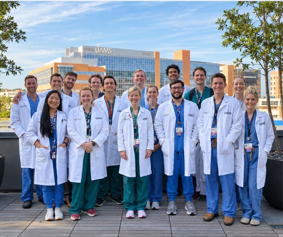 UAMSOrtho's tweet photo. TOSH terrace view with the crew!

Our residents gathered at TOSH to tune into the Zoom watch party for the Investiture of C. Lowry Barnes, M.D., held on the @uamshealth main campus. Honored to learn from and work alongside the best!

#UAMS #Investiture #ResidentLife #Orthopaedics https://t.co/1p4AebLDKN