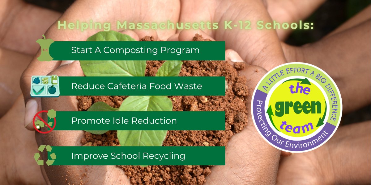 MassDEP's tweet photo. 🍏There’s still time for K–12 schools to register for MassDEP’s Green Team. This free program gives students and educators hands-on ways to make a difference through recycling, composting, waste reduction, energy conservation, pollution prevention &amp; more. 
https://t.co/Q4RRojSUEG https://t.co/uSs1p3xFBe