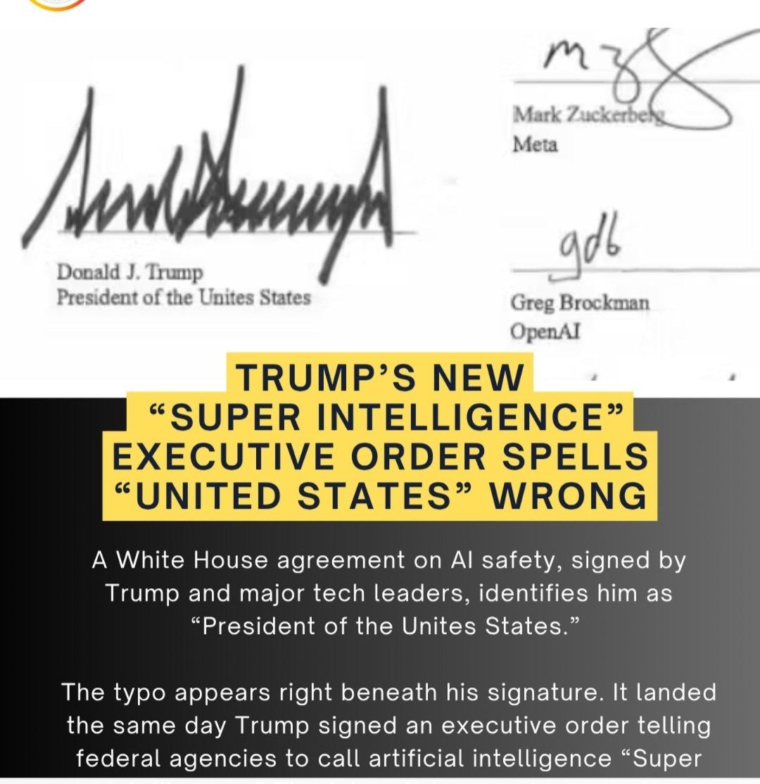 Nanking5555's tweet photo. TURDRUMP @POTUS can't spell but no one in Russian @WhiteHouse can. 

I love all these criminals put their names on this thing. Makes it so much easier to round them up for Gitmo
@finkd @JeffBezos @gdb @DarioAmodei @ElonMusk @JensenHuang @TuskVentures @sama @SpeakerJohnson https://t.co/04dwj7y9UF