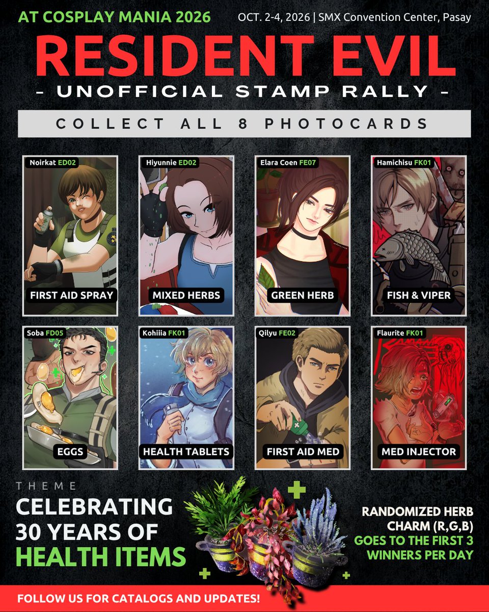 Flaurite's tweet photo. Patch up with our RE Stamp Rally this #CosplayMania2026 ! 🌿

Come celebrate 30 years of RE's iconic health items and add these 8 photocards to your inventory!

Grab a free stamp card from any participating table to mission start ⛱️
#FanFairatCosmania2026 #Cosmania2026 https://t.co/8aoJ6cIk9E