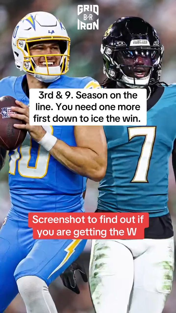 The image shows a "Grid Iron B/R" graphic featuring a Chargers quarterback in a light blue jersey with the number 10 alongside a Jaguars player wearing number 7, presenting a "3rd & 9" scenario. Text prompts "Screenshot to find out if you are getting the W," tied to the post's call for fans to share their favorite QB/WR duos in the comments.