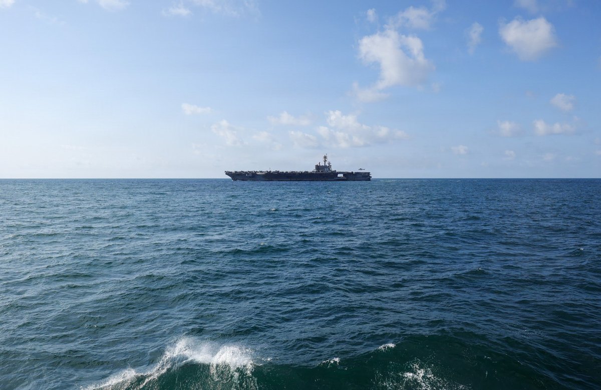 CENTCOM's tweet photo. USS George H.W. Bush (CVN 77) sails in the Arabian Sea supporting enforcement of the U.S. blockade against Iran. As of Sept. 30, CENTCOM forces have redirected 125 commercial vessels to ensure strict compliance.