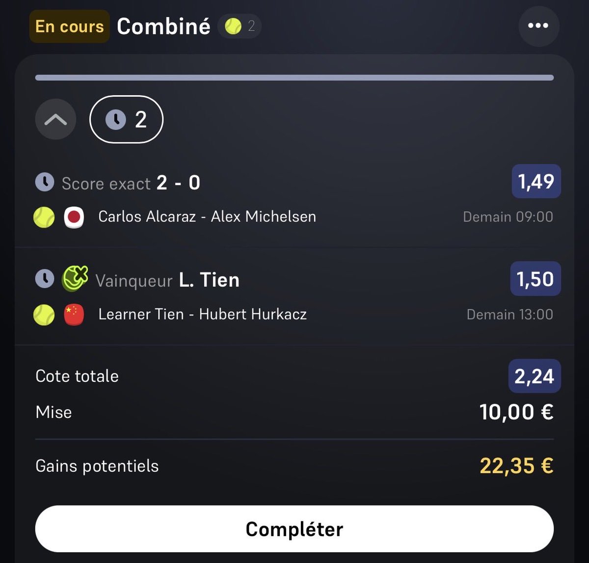 bzpronoss's tweet photo. 🎾Combiné tennis
Alcaraz 2-0 + Tien @ 2,24
❤️&🔁 si tu suis, début à 9:00
#Teamparieur #Tennis https://t.co/xbV0mhOxPE