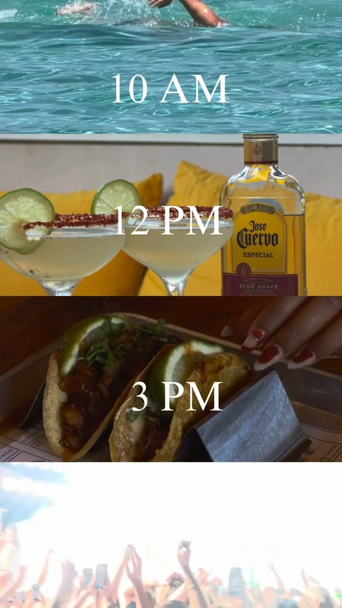 A four-panel meme showing a day of activities: swimming at 10 AM, margaritas at 12 PM, tacos at 3 PM, and a concert at night.