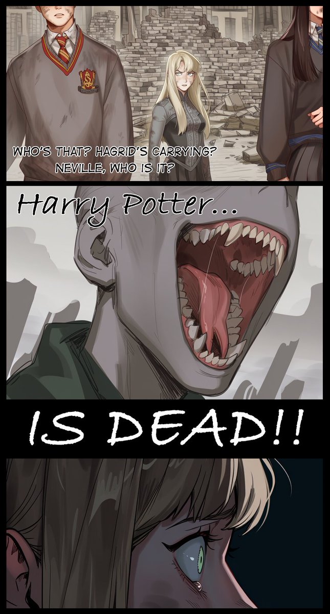 theexileddraco's tweet photo. The Battle of Hogwarts has gone silent. 

FemMalfoy, after being saved by Harry and the others in the Room of Requirement, remained in the castle until the Death Eaters arrived...with Voldemort shouting a declaration even she thought impossible by now... https://t.co/e3DlBypr2Q