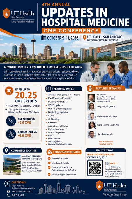 UTHealthHospMed's tweet photo. Come join us for the 4th Annual Updates in Hospital Medicine CME Conference! There’s still time to register!
📅 Oct 9–11, 2026
📍 UT Health SA
🎓 Earn up to 20.25 CME credits
💉Hands-on Ultrasound Procedure Courses #HowWeHospitalist @SocietyHospMed @TheLongSOM @UTHealthSA https://t.co/WIKgeu5Adh