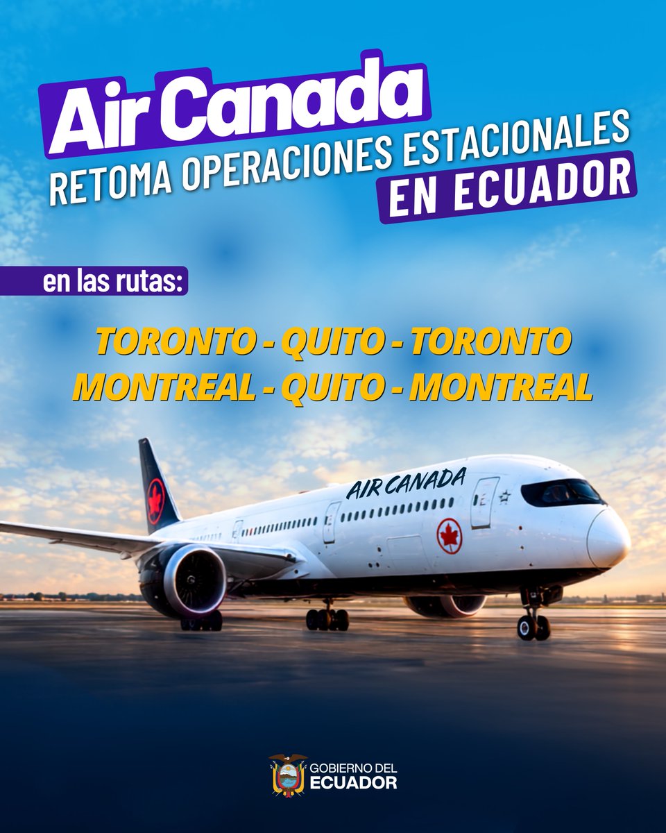 DGAC_Ecuador's tweet photo. 🇨🇦 ✈️ 🇪🇨 ¡Grandes noticias para el turismo y la conectividad en Ecuador!

Vuelven las rutas directas desde Quito hacia dos de las ciudades más importantes de Canadá.

Los vuelos serán desde el 4 de diciembre de 2026 al 27 de marzo de 2027. https://t.co/voYwu5WGnI