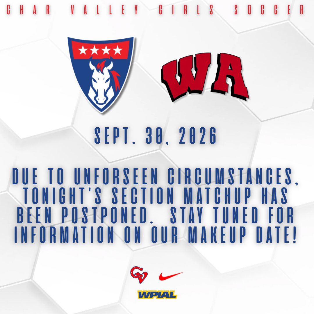 cv_gsoccer's tweet photo. 🚨⚠️ Please note that tonight's match with West Allegheny has been postponed, information on a make up date will be provided soon⚠️🚨

@pghsoccernow @TribLiveHSSN @PGSportsNow https://t.co/1tXDQlF1Ac