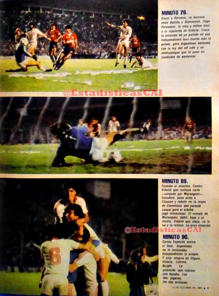Fernandez_MM's tweet photo. INDEPENDENTIAR

Hace más de 40 años cuando tenían fuerte peso en AFA (UNA VIDA DE GRONDONA) tuvieron la pecheada del siglo.

Como campeones vigentes, con media Selección Argentina, tenían que empatar con Argentinos Juniors de local para pasar a la final contra América de Cali y sumar la octava.

Minuto 89. Perdían 2 a 1 en la Doble Visera. ¡PENAL! Marangoni (ver segunda foto) le pega con el diario. PEOR QUE GALVÁN. Ataja Vidallé. ¡PECHEADA HISTÓRICA!

Nunca más jugaron una instancia así.