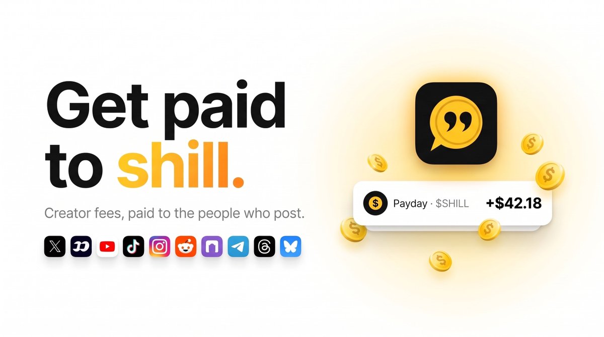 shillmoneyrh's tweet photo. Every coin has fans who shill it for free.

$SHILL puts them on payroll: a coin's creator fees are split between the people posting about it, every round, straight to their wallets.

Get paid to $shill.

https://t.co/P3GZ1l9Cqn https://t.co/OWT36ZzK1X
