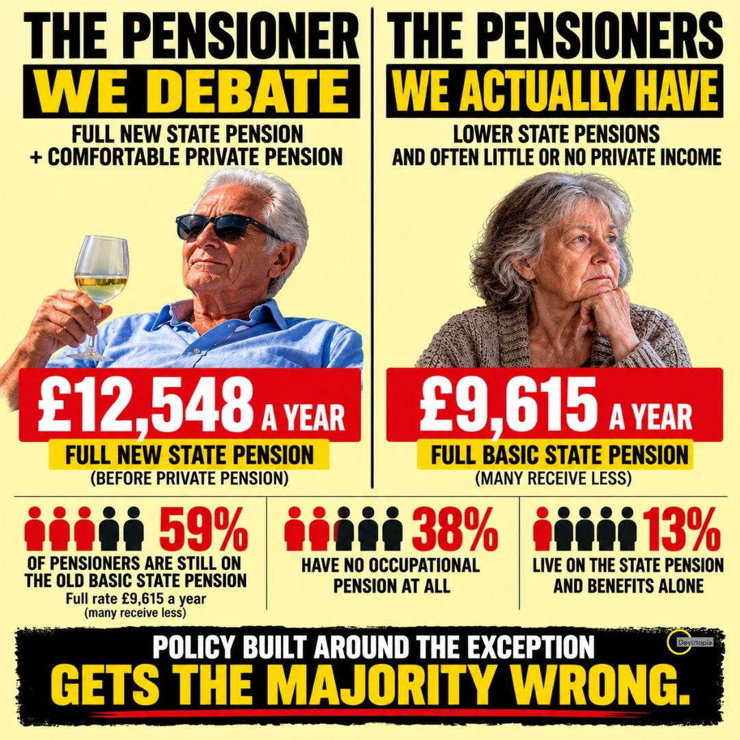 D_Raval's tweet photo. The triple lock debate is built around a pensioner who mostly doesn't exist.
The perception: the full new State Pension of £12,548 a year, topped up by a comfortable private pension.
The data: 59% of pensioners are still on the old basic State Pension, where the full rate is £9,615 a year. 38% have no occupational pension at all. 13% live on the State Pension and benefits alone.
And the next generation has less. Final salary schemes are closing. The median pension pot accessed last year was around £20k. Turned into an annuity, a guaranteed pension for life bought with the pot, pays roughly £1,500 a year.
Burnham's pension change is being debated for the pensioner in the headlines. It lands on the one in the data.
(sources ⬇️ )