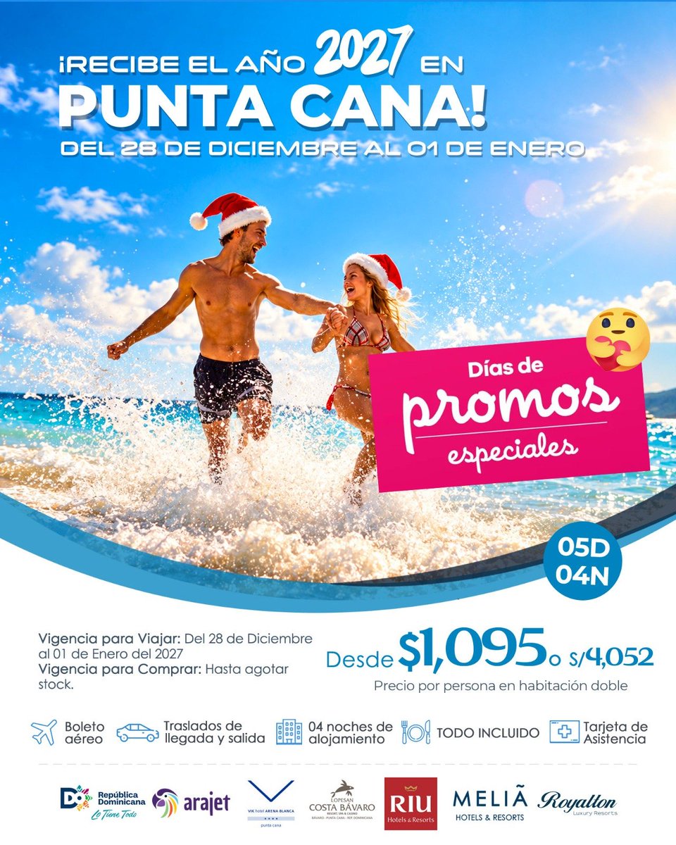 _TravelPartners's tweet photo. ¡Recibe el Año Nuevo 2027 en Punta Cana del 28 de Diciembre al 01 de Enero! ✨😉❤️ https://t.co/IMt4QgAQO1